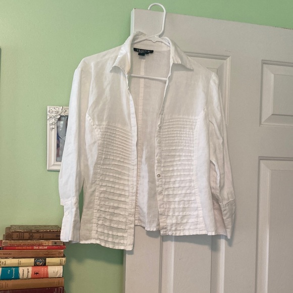 100% linen button up down blouse collar luxe summer Tracy M - Picture 7 of 7